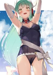 Rule 34 | 1girl, absurdres, aqua hair, armpits, arms up, blush, bow, breasts, cleavage, detached collar, dragon horns, elbow gloves, fate/grand order, fate (series), flower, gloves, green hair, hair bow, hair flower, hair ornament, highres, horns, kiyohime (fate), kiyohime (swimsuit lancer) (second ascension) (fate), long hair, looking at viewer, low-tied long hair, medium breasts, one-piece swimsuit, open mouth, sash, sidelocks, smile, solo, swimsuit, thighs, white gloves, xkirara39x, yellow eyes