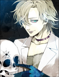 Rule 34 | 1boy, abstract background, bad id, bad pixiv id, bags under eyes, blonde hair, blue eyes, crack, gashima411, johann faust viii, lipstick, looking at viewer, makeup, male focus, one eye closed, shaman king, short hair, skull, solo