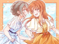 Rule 34 | alternate hairstyle, bird, blue eyes, braid, brown hair, cloud, dress, frills, highres, jewelry, long hair, love live!, love live! sunshine!!, multiple girls, necklace, orange hair, pearl necklace, ppx21, red eyes, seagull, short hair, skirt, takami chika, watanabe you, water