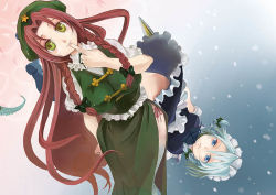 Rule 34 | 2girls, blue eyes, braid, cover image, finger to mouth, frilled sleeves, frills, gradient background, green eyes, green skirt, hong meiling, index finger raised, izayoi sakuya, long hair, long skirt, maid headdress, miero, multiple girls, parted bangs, red hair, short hair, short sleeves, side slit, silver hair, skirt, smile, touhou, twin braids, upside-down, very long hair
