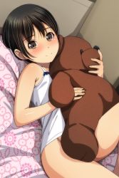 Rule 34 | 1girl, absurdres, black hair, blush, bottomless, brown eyes, camisole, closed mouth, dutch angle, highres, holding, holding stuffed toy, knee up, lying, matsunaga kouyou, nose blush, on back, original, smile, solo, stuffed animal, stuffed toy, teddy bear, underwear, underwear only, white camisole