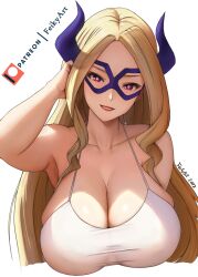 Rule 34 | 1girl, bare shoulders, bikini, blonde hair, boku no hero academia, breasts, camisole, cleavage, collarbone, covered erect nipples, cropped torso, dated, eye mask, feikyart, grin, hand in own hair, huge breasts, lipstick, long hair, looking at viewer, makeup, mount lady, parted bangs, patreon username, pink pupils, purple eyes, see-through silhouette, shirt, simple background, smile, solo, swimsuit, taut clothes, taut shirt, upper body, wavy hair, white background, white shirt