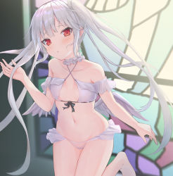 Rule 34 | 1girl, angel wings, barefoot, blush, bra, breasts, collarbone, commentary request, criss-cross halter, feet, frilled bra, frilled panties, frills, front-tie top, halterneck, highres, looking at viewer, navel, original, panties, parufeito, red eyes, silver hair, small breasts, solo, standing, standing on one leg, stomach, twintails, underwear, underwear only, white bra, white panties, wings