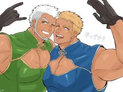 Rule 34 | 2boys, :d, bara, bare shoulders, beard, biceps, blue dress, blush, couple, dark skin, dark-skinned male, dress, face-to-face, facial hair, green dress, harada (basashi), large pectorals, light brown hair, long sideburns, pectoral cleavage, male focus, mature male, multiple boys, muscular, muscular male, one eye closed, open mouth, original, pectoral docking, pectoral press, pectorals, short hair, sideburns, smile, translation request, upper body, waving, white hair, yaoi