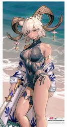 Rule 34 | 1girl, absurdres, animal ears, arknights, bare shoulders, beach, black one-piece swimsuit, breasts, carnelian (arknights), carnelian (shining dew) (arknights), cleavage cutout, clothing cutout, constant qiu, covered erect nipples, covered navel, dark-skinned female, dark skin, feet out of frame, goat ears, goat girl, goat horns, highres, holding, holding sword, holding weapon, horn ornament, horns, jacket, large breasts, looking at viewer, off shoulder, official alternate costume, open clothes, open jacket, outdoors, red eyes, sand, short hair, solo, swimsuit, sword, thigh strap, thighs, water, weapon, white hair, white jacket
