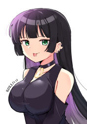 Rule 34 | 1girl, :p, absurdres, ao (flowerclasse), black collar, black dress, black hair, bocchi the rock!, breasts, chin piercing, collar, collarbone, commentary request, dated, dress, ear piercing, earrings, forked tongue, green eyes, highres, jewelry, large breasts, long hair, looking at viewer, multicolored hair, pa-san, piercing, purple hair, simple background, sleeveless, sleeveless dress, solo, stud earrings, tongue, tongue out, two-tone hair, upper body, very long hair, white background