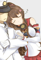 Rule 34 | 10s, 1boy, 1girl, admiral (kancolle), bad id, bad pixiv id, bare shoulders, breasts, brown hair, cherry blossoms, commentary request, crossed arms, closed eyes, hand on another&#039;s arm, hat, head on another&#039;s shoulder, highres, jewelry, kantai collection, long hair, married, medium breasts, military, military uniform, naval uniform, pallad, peaked cap, ponytail, ring, sleeping, sleeping on person, uniform, wedding band, yamato (kancolle), z flag, zzz