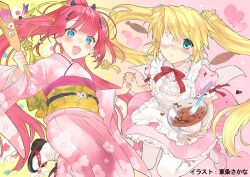 Rule 34 | 2girls, :d, alternate costume, apron, aqua eyes, blonde hair, blunt bangs, blush, braid, cherry blossom print, chocolate, company connection, crossover, dress, enmaided, expressionless, eyelashes, eyepatch, fang, feet out of frame, floating hair, floral print, frilled apron, frilled sleeves, frills, geta, hair between eyes, hair ornament, hairclip, hairstyle connection, hand up, happy, holding, holding cooking pot, holding hands, holding racket, interlocked fingers, japanese clothes, kamiyama shiki, key (company), kimono, long hair, long sleeves, looking at viewer, maid, maid apron, mary janes, midair, multiple girls, nakatsu shizuru, one eye covered, open mouth, panties, parted lips, pink dress, pink footwear, pink kimono, pinstripe dress, pinstripe pattern, ponytail, puffy short sleeves, puffy sleeves, racket, red hair, red ribbon, rewrite, ribbon, ribbon-trimmed sleeves, ribbon trim, sash, shoes, short sleeves, smile, straight hair, striped, summer pockets, tabi, tassel, tassel hair ornament, third-party source, toujou sakana, twin braids, twintails, underwear, very long hair, white apron, white panties, wide sleeves, yellow sash, yellow tassel
