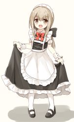 Rule 34 | 1girl, :d, apron, black bow, black dress, black footwear, bow, bowtie, collared dress, dress, frilled apron, frilled dress, frills, full body, hair between eyes, hair bow, leaning to the side, light brown hair, long hair, looking at viewer, low ponytail, maid, maid headdress, mary janes, open mouth, original, pantyhose, puffy short sleeves, puffy sleeves, red bow, red bowtie, shoes, short sleeves, sidelocks, simple background, skirt hold, sleeveless, sleeveless dress, smile, solo, standing, waist apron, white apron, white background, white pantyhose, wrist cuffs, yuuhagi (amaretto-no-natsu)