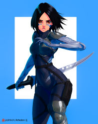 Rule 34 | 1girl, absurdres, alita, arteslav, battle angel alita, battle angel alita: last order, black hair, blue border, bodysuit, border, breasts, brown eyes, covered navel, cyberpunk, cyborg, facial mark, fighting stance, highres, holding, holding sword, holding weapon, knee pads, lips, looking at viewer, mechanical arms, metal skin, outside border, parted bangs, pouch, reverse grip, short hair, shoulder pads, small breasts, solo, sword, thigh pouch, weapon, white background