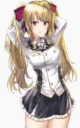 Rule 34 | 1girl, absurdres, adjusting hair, ahoge, black skirt, blazer, blonde hair, bow, bowtie, breasts, buttons, collared shirt, cowboy shot, double-breasted, frilled skirt, frills, grey background, hair bow, highres, jacket, kanniiepan, large breasts, long hair, long sleeves, looking at viewer, miniskirt, nijisanji, parted lips, red eyes, red ribbon, ribbon, shirt, sidelocks, simple background, skirt, solo, standing, takamiya rion, thighhighs, twintails, virtual youtuber, white bow, white bowtie, white jacket, white shirt, white thighhighs