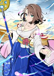 Rule 34 | 1girl, absurdres, blue eyes, breasts, brown hair, cleavage, closed mouth, detached sleeves, final fantasy, final fantasy x, green eyes, hair ornament, hakama, hakama skirt, heterochromia, highres, holding, japanese clothes, jewelry, looking at viewer, medium breasts, necklace, short hair, skirt, solo, staff, uzura (moimoi), yuna (ff10)