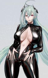 Rule 34 | 1girl, absurdres, ahoge, bodysuit, breasts, bridal gauntlets, catsuit, cleavage, gcg, girls&#039; frontline, headgear, highres, large breasts, latex, latex bodysuit, light green hair, long hair, ltlx 7000 (girls&#039; frontline), mole, mole on breast, navel, open bodysuit, open clothes, red eyes, revealing clothes, shiny skin, skin tight, solo, very long hair