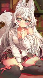 Rule 34 | 1girl, :o, absurdres, animal ear fluff, animal ears, antenna hair, bare shoulders, black thighhighs, blush, bookshelf, breasts, chestnut mouth, cleavage, collarbone, copyright request, grey eyes, grey hair, hair ornament, hand up, highres, indoors, large breasts, long hair, looking at viewer, melaton, miniskirt, off shoulder, open mouth, pleated skirt, shirt, single bare shoulder, sitting, skirt, solo, star (symbol), star hair ornament, tail, thighhighs, thighs, very long hair, white shirt, window, wolf ears, wolf tail, yokozuwari