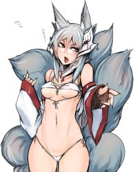 Rule 34 | 1girl, \m/, animal ears, bare shoulders, breasts, brown eyes, cowboy shot, dated, detached collar, detached sleeves, fang, fingernails, fox ears, fox mask, front-tie top, hair between eyes, highres, jewelry, long fingernails, magatama, mask, multiple tails, navel, necklace, open clothes, open shirt, original, panties, pendant, shirt, side-tie panties, sigama, silver hair, simple background, solo, string panties, tail, underboob, underwear, white background, white panties