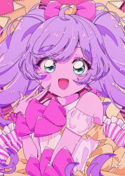 Rule 34 | 1girl, :d, absurdres, ahoge, blue eyes, blush, bow, detached sleeves, hair bow, hand up, heart, highres, idol clothes, ligne claire, long hair, looking at viewer, manaka laala, milon cas, open mouth, pink bow, pink nails, pretty series, pripara, puffy detached sleeves, puffy sleeves, purple hair, red lips, retro artstyle, smile, solo, sparkle, twintails, upper body, very long hair