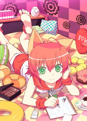 Rule 34 | 1girl, ahoge, animal ears, barefoot, bed, box, box of chocolates, cat ears, chocolate, digital media player, doughnut, drawing, feet, food, green eyes, ipod, lying, mimura ryou, on stomach, original, pencil, pillow, red hair, ryouchin, short hair, shorts, smile, soles, solo, sprinkles