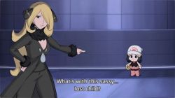 Rule 34 | 2girls, blonde hair, boots, breasts, chibi, cleavage, commentary, cowboy shot, creatures (company), cynthia (pokemon), dawn (pokemon), derivative work, english commentary, english text, full body, game freak, hair ornament, hair over one eye, hand on own hip, jivke, long hair, medium breasts, meme, multiple girls, nintendo, one-punch man, parody, pink footwear, pointing, pointing at another, pokemon, pokemon bdsp, pokemon dppt, screenshot redraw, smile, standing, subtitled