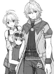 Rule 34 | 1girl, 2boys, absurdres, ahoge, cape, choker, couple, detached sleeves, family, father and son, fiora (xenoblade), goggles, goggles on head, greyscale, hand on another&#039;s shoulder, highres, holding another&#039;s arm, husband and wife, kokkou 1, long coat, looking at viewer, monochrome, mother and son, multiple boys, nikol (xenoblade), open mouth, short hair, shulk (xenoblade), sketch, smile, sweater, turtleneck, turtleneck sweater, white background, wristband, xenoblade chronicles (series), xenoblade chronicles 1, xenoblade chronicles 3, xenoblade chronicles 3: future redeemed