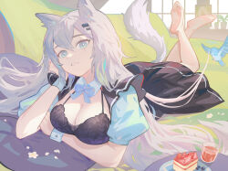 Rule 34 | 1girl, absurdres, animal, animal ears, arknights, barefoot, bird, black skirt, blue bow, blue eyes, blue shirt, bow, breasts, cake, cake slice, cleavage, commentary, coper maileyun, english commentary, food, grey hair, hair between eyes, hair ornament, hairclip, highres, lappland (arknights), long hair, looking at viewer, lying, medium breasts, on stomach, pillow, plate, puffy short sleeves, puffy sleeves, scar, scar across eye, shirt, short sleeves, skirt, soles, solo, tail, very long hair, wrist cuffs