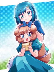 Rule 34 | 2girls, animal ears, blue dress, blue eyes, blue shirt, blush, brown hair, cloud, cloudy sky, day, delicious party precure, dog ears, dog tail, dress, food, fuwa kokone, grass, green eyes, hair between eyes, hair ornament, hair ribbon, hairclip, highres, medium hair, multiple girls, open mouth, pam-pam (precure), pants, precure, puffy short sleeves, puffy sleeves, ribbon, sandwich, shirt, short hair, short sleeves, sitting, sky, smile, tail, usoco, white pants