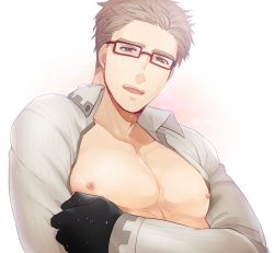 Rule 34 | 1boy, bara, black gloves, blue eyes, brown hair, glasses, gloves, grey shirt, hand on own arm, hand up, julius will kresnik, kamiya (mennu), large pectorals, looking at viewer, male focus, muscular, muscular male, nipples, open clothes, open mouth, open shirt, pectorals, shirt, short hair, smile, solo, tales of (series), tales of xillia, tales of xillia 2, upper body, white background