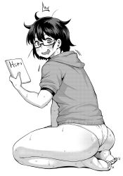 Rule 34 | 1girl, ^^^, ass, bad id, bad pixiv id, barefoot, caught, drooling, female focus, female pervert, from side, full body, glasses, greyscale, highres, looking at viewer, looking back, monochrome, panties, pervert, seiza, short hair, simple background, sitting, solo, surprised, synecdoche, thighs, underwear, white background
