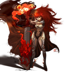 Rule 34 | 1girl, armor, breasts, cape, cleavage, artistic error, female focus, fire, huge weapon, long hair, medium breasts, mugon, no lineart, original, red eyes, red hair, solo, sword, thighhighs, weapon