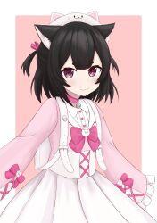 Rule 34 | 1girl, :3, absurdres, animal collar, animal ear fluff, animal ears, animal hat, backpack, bag, bell, black hair, cat ears, cat girl, cat hat, collar, commentary, dress, eyebrows hidden by hair, hat, highres, indie virtual youtuber, jingle bell, meika nekoya, mikoscrub, pink collar, pleated dress, purple eyes, short eyebrows, sleeves past fingers, sleeves past wrists, smile, solo, two-tone dress, two side up, upper body, virtual youtuber
