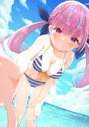Rule 34 | 1girl, absurdres, bare shoulders, bikini, blue sky, blue stripes, blunt bangs, blurry, blurry foreground, blush, breasts, cleavage, cloud, collarbone, colored inner hair, depth of field, groin, hair ornament, highres, hololive, houshou marine (artist), huge filesize, looking at viewer, medium breasts, minato aqua, minato aqua (hololive summer 2019), multicolored hair, nail polish, official alternate costume, outdoors, purple eyes, purple hair, reaching, reaching towards viewer, sky, solo, striped bikini, striped bikini bottom, striped bikini top, striped clothes, swimsuit, twintails, two-tone hair, virtual youtuber, water, white stripes