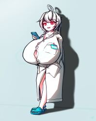 Rule 34 | 1girl, :3, absurdres, ahoge, breasts, bursting breasts, buttons, cleavage, clothing cutout, collarbone, commission, crocs, floofsmear, full body, gigantic breasts, hair between eyes, highres, holding, holding phone, huge breasts, lab coat, leaning back, legs, long hair, looking at viewer, name tag, open mouth, original, phone, ponytail, red eyes, resolution mismatch, self-upload, shadow, shirt, shortstack, smile, smug, solo, source smaller, standing, white hair