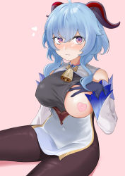 Rule 34 | 1girl, bell, black legwear, blue hair, blush, breasts, covered erect nipples, cowbell, ganyu (genshin impact), genshin impact, gloves, hako reeema, heart, heart pasties, highres, large breasts, long sleeves, looking at viewer, one breast out, pasties, pink background, purple eyes, simple background