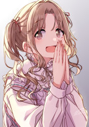 Rule 34 | 1girl, absurdres, brown eyes, brown hair, commentary request, gradient background, grey background, hair ribbon, highres, ichikawa hinana, idolmaster, idolmaster shiny colors, long hair, long sleeves, looking at viewer, neck ribbon, open mouth, ribbon, solo, sweater vest, twintails, upper body, zutaboro