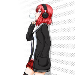 Rule 34 | 10s, 1girl, against wall, black sweater, black thighhighs, blue necktie, cardigan, chewing gum, from side, hair between eyes, hand in pocket, headphones, long hair, love live!, love live! school idol festival, love live! school idol project, miniskirt, necktie, nishikino maki, open cardigan, open clothes, pleated skirt, purple eyes, red hair, red skirt, roaru (gyuren), shirt, skirt, solo, standing, sweater, thighhighs, white background, white shirt, zettai ryouiki
