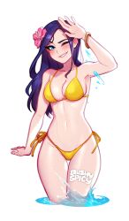 Rule 34 | 1girl, alternate costume, arm up, artist name, bare shoulders, bikini, blush, blushyspicy, bracelet, breasts, caitlyn (league of legends), cleavage, flower, groin, hair flower, hair ornament, jewelry, league of legends, medium breasts, navel, one eye closed, outline, pink flower, smile, solo, stomach, swimsuit, transparent background, wading, water, white outline, yellow bikini