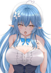 Rule 34 | 1girl, ahoge, beret, black corset, blue hair, blush, braid, breasts, cleavage, cleavage cutout, clothing cutout, collared shirt, corset, flower, french braid, hair flower, hair ornament, hat, heart, heart-shaped pupils, heart ahoge, hololive, large breasts, long hair, looking at viewer, multicolored hair, open mouth, pointy ears, scarlet mirin, shirt, sidelocks, sleeveless, sleeveless shirt, solo, streaked hair, symbol-shaped pupils, tongue, tongue out, virtual youtuber, white background, white hat, white shirt, yellow eyes, yukihana lamy, yukihana lamy (1st costume)