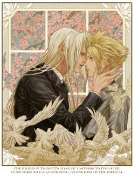 Rule 34 | 2boys, adam&#039;s apple, alternate costume, animal, bird, black jacket, blonde hair, blue eyes, blue shirt, cherry blossoms, cloud strife, collared shirt, dove, earrings, feathered wings, final fantasy, final fantasy vii, floral background, flower, formal, grey hair, hand on another&#039;s cheek, hand on another&#039;s face, highres, imminent kiss, indoors, jacket, jewelry, long hair, long sleeves, male focus, multiple boys, parted lips, pink flower, ry1115275908, sephiroth, shirt, short hair, smile, smirk, spiked hair, standing, stud earrings, suit, suit jacket, surprised, white bird, white flower, white hair, white shirt, window, wings, yaoi