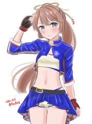 Rule 34 | 1girl, akigumo (kancolle), akigumo (kancolle) (cosplay), ame-san, belt, black gloves, blue jacket, blue skirt, brown hair, commentary request, cosplay, cowboy shot, cropped jacket, gloves, grey eyes, hair ribbon, highres, jacket, kantai collection, kazagumo (kancolle), long hair, looking at viewer, midriff, partially fingerless gloves, pleated skirt, ponytail, race queen, ribbon, shorts, shorts under skirt, simple background, skirt, solo, standing, strapless, tube top, white background, white shorts, white tube top