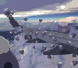 Rule 34 | above clouds, aircraft, airplane, balloon, black eyes, cloud, commentary request, creatures (company), donguri big, drifblim, drifloon, evolutionary line, flying, game freak, gen 4 pokemon, hanging, highres, holding, looking at viewer, nintendo, no humans, outdoors, peeking out, pokemon, pokemon (creature), red eyes, solid circle eyes