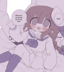 Rule 34 | 1boy, 1girl, absurdres, bed, bed sheet, black thighhighs, blue ribbon, blush, bow, candyseru, colored skin, dress, english text, funamusea, grey eyes, hat, hat bow, highres, imminent rape, looking at another, meme, on bed, oounabara to wadanohara, open mouth, petite, pointy ears, pomf, pomf (meme), puff of air, ribbon, sailor dress, sailor hat, size difference, solo focus, speech bubble, syake (funamusea), thighhighs, tsukimisou no akari, wadanohara, white background, white dress, white skin
