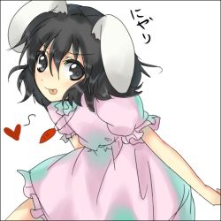 Rule 34 | 1girl, :p, closed mouth, dress, female focus, inaba tewi, looking at viewer, pink dress, puffy short sleeves, puffy sleeves, shingetsu takehito, short sleeves, simple background, smile, solo, tongue, tongue out, touhou, white background