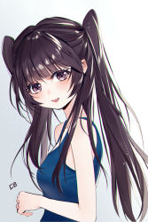 Rule 34 | 1girl, :d, baocaizi, bare arms, bare shoulders, blue one-piece swimsuit, blush, breasts, brown eyes, brown hair, gradient background, grey background, hair between eyes, head tilt, highres, long hair, looking at viewer, looking to the side, one-piece swimsuit, open mouth, original, school swimsuit, sidelocks, small breasts, smile, solo, swimsuit, teeth, twintails, upper body, upper teeth only, white background