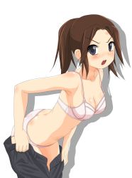 Rule 34 | &gt;:o, 1girl, :o, annoyed, bare shoulders, blush, bra, breasts, brown hair, butt crack, cleavage, denim, forehead, grey eyes, hangaku, highres, jeans, left 4 dead, lingerie, long hair, open mouth, panties, pants, pink bra, pink panties, ponytail, solo, transparent background, underwear, undressing, v-shaped eyebrows, zoey (left4dead)