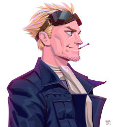 Rule 34 | 1boy, artist name, ascot, blonde hair, blue eyes, blue jacket, cheekbones, cid highwind, cigarette, facial hair, final fantasy, final fantasy vii, final fantasy vii remake, goggles, goggles on head, hair slicked back, highres, jacket, leandro franci, looking to the side, male focus, portrait, short hair, smirk, smoking, solo, stubble, upper body, white ascot, white background