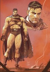 Rule 34 | 1boy, abs, alternate costume, bara, brown cape, brown theme, bulge, cape, chain, collar, cuffs, cuts, dc comics, dirty, dirty face, facial hair, grey hair, handcuffs, injury, jokeb0i, large pectorals, male focus, mature male, metal collar, muscular, muscular male, navel, old, old man, pectorals, revealing clothes, short hair, sideburns, sidepec, stomach, stubble, superman, superman (series), thick thighs, thighs, torn cape, torn clothes, wrinkled skin