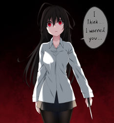 Rule 34 | 1girl, arm at side, black hair, black pantyhose, black skirt, collared shirt, cowboy shot, english text, hair between eyes, head tilt, healther, holding, holding knife, knife, long hair, long sleeves, looking at viewer, messy hair, original, pantyhose, parted lips, pleated skirt, shirt, simple background, skirt, solo, speech bubble, white shirt, yandere