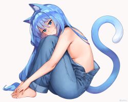 Rule 34 | 1girl, animal ear fluff, animal ears, bare arms, bare shoulders, barefoot, blue eyes, blue hair, blush, breasts, cat ears, cat girl, cat tail, commentary, english commentary, feet, full body, hair between eyes, hands on own feet, iwbitu, large breasts, long hair, looking at viewer, naked overalls, original, overalls, sideboob, simple background, sitting, smile, solo, tail, tail raised, toes, twitter username, very long hair, white background