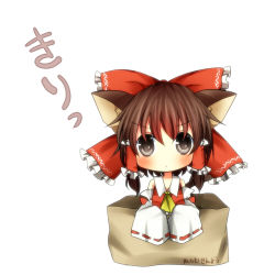 Rule 34 | 1girl, :&lt;, animal ears, bad id, bad pixiv id, blush, bow, box, brown hair, cardboard box, cat ears, cat girl, chibi, detached sleeves, female focus, hair bow, hair tubes, hakurei reimu, in box, in container, japanese clothes, kemonomimi mode, large bow, miko, pasutel, pout, sleeves past wrists, solo, touhou
