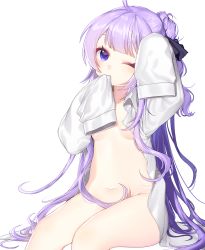 Rule 34 | 1girl, ahoge, arm up, azur lane, black ribbon, blush, breasts, commentary request, covered mouth, dress shirt, hair bun, hair ribbon, head tilt, highres, long hair, long sleeves, looking at viewer, mgim2285, naked shirt, navel, one eye closed, open clothes, open shirt, oversized clothes, oversized shirt, purple eyes, purple hair, ribbon, shirt, side bun, simple background, single hair bun, single side bun, sitting, sleeves past fingers, sleeves past wrists, small breasts, solo, unicorn (azur lane), very long hair, white background, white shirt