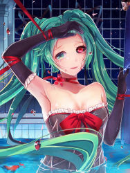 Rule 34 | 1girl, arm up, armpits, black sclera, blood, colored sclera, elbow gloves, fish, gloves, green eyes, green hair, hair ribbon, hatsune miku, heterochromia, highres, l.bou, long hair, matching hair/eyes, md5 mismatch, mismatched sclera, parted lips, partially submerged, red eyes, ribbon, solo, tears, twintails, very long hair, vocaloid, water, wet